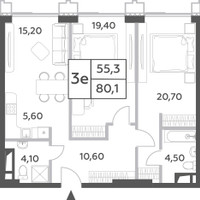 Планировка трехкомнатной(квартира) площадью 80.1 квадратных метров в “ЖК Will Towers (Вилл Тауэрс)”