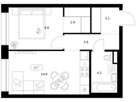 Планировка однокомнатной(квартира) площадью 38 квадратных метров в “ЖК Москворечье”