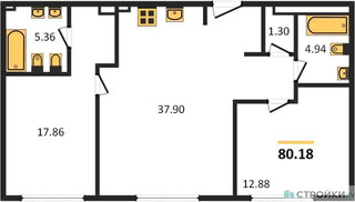 Планировка двухкомнатной(квартира) площадью 80.4 квадратных метров в “ЖК CULT (Культ)”