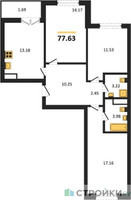 Планировка трехкомнатной(квартира) площадью 77.63 квадратных метров в “ЖК Sezar City (Сезар Сити)”