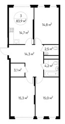 Планировка трехкомнатной(квартира) площадью 83.9 квадратных метров в ЖК “ЖК Переделкино Ближнее”