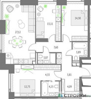 Планировка трехкомнатной(квартира) площадью 98.28 квадратных метров в “ЖК Upside Towers (Апсайд Тауэрс)”