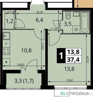 Планировка однокомнатной(квартира) площадью 37.4 квадратных метров в “ЖК ЮЖНАЯ БИТЦА”