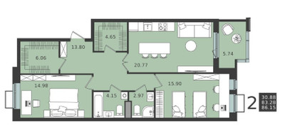 Планировка двухкомнатной(квартира) площадью 86.15 квадратных метров в ЖК “ЖК Мишино-2”