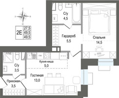 Планировка двухкомнатной(квартира) площадью 49.5 квадратных метров в “ЖК КИНОКВАРТАЛ”
