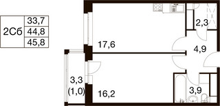 Планировка однокомнатной(квартира) площадью 44.2 квадратных метров в “ЖК Идеал”