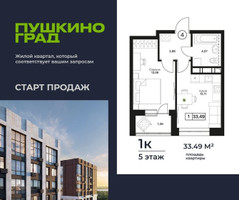 Планировка однокомнатной(квартира) площадью 33.49 квадратных метров в “ЖК Пушкино Град”
