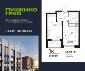 Планировка однокомнатной(квартира) площадью 33.49 квадратных метров в ЖК “ЖК Пушкино Град”