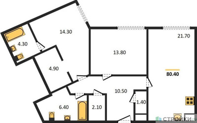 Планировка двухкомнатной(квартира) площадью 79.5 квадратных метров в ЖК “ЖК Voxhall (Воксхолл)”