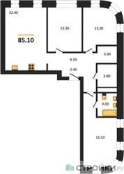 Планировка трехкомнатной(квартира) площадью 85.1 квадратных метров в ЖК “ЖК Shagal (Шагал)”