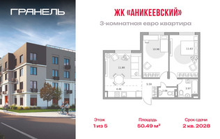 Планировка трехкомнатной(квартира) площадью 50.49 квадратных метров в “ЖК Аникеевский”
