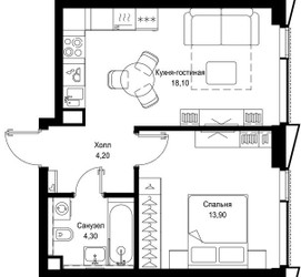 Планировка однокомнатной(квартира) площадью 40.5 квадратных метров в ЖК “Мультиквартал СИТИДЗЕН”