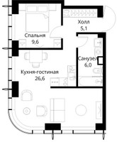 Планировка однокомнатной(квартира) площадью 47.3 квадратных метров в “ЖК Сити Бэй”
