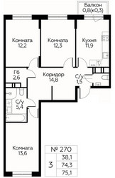 Планировка трехкомнатной(квартира) площадью 75.1 квадратных метров в ЖК “ЖК Цветочные Поляны Сити”