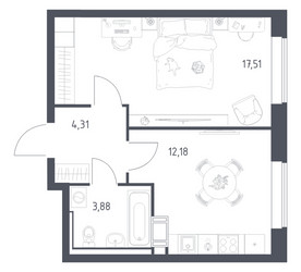 Планировка однокомнатной(квартира) площадью 37.6 квадратных метров в ЖК “ЖК Томилино Парк”