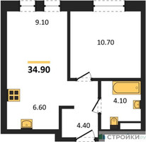 Планировка однокомнатной(квартира) площадью 34.9 квадратных метров в “ЖК Квартал на воде (Графика на воде)”