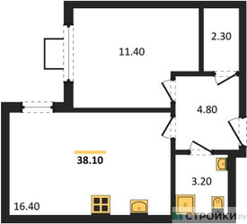 Планировка однокомнатной(квартира) площадью 38.1 квадратных метров в ЖК “ЖК Лучи-2”