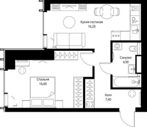 Планировка однокомнатной(квартира) площадью 46.3 квадратных метров в ЖК “ЖК Веер”