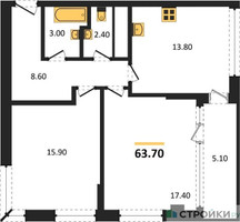 Планировка двухкомнатной(квартира) площадью 63.7 квадратных метров в “ЖК VERY на Миклухо-Маклая (Вери на Миклухо-Маклая)”