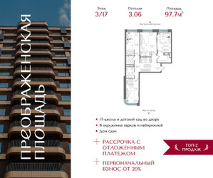 Планировка трехкомнатной(квартира) площадью 97.7 квадратных метров в ЖК “ЖК Преображенская Площадь”