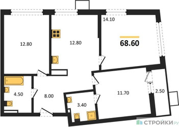 Планировка трехкомнатной(квартира) площадью 68.6 квадратных метров в ЖК “ЖК Деснаречье”