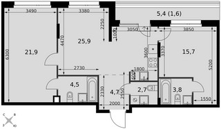 Планировка трехкомнатной(квартира) площадью 80.8 квадратных метров в “ЖК Симоновский вал”