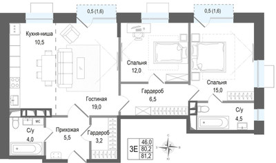 Планировка трехкомнатной(квартира) площадью 80.2 квадратных метров в ЖК “ЖК КИНОКВАРТАЛ”