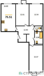 Планировка трехкомнатной(квартира) площадью 75.51 квадратных метров в “ЖК Остафьево”