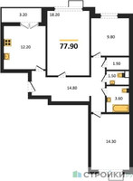 Планировка трехкомнатной(квартира) площадью 77.9 квадратных метров в “ЖК ЮЖНАЯ БИТЦА”