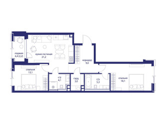 Планировка двухкомнатной(квартира) площадью 76 квадратных метров в ЖК “ЖК Событие”