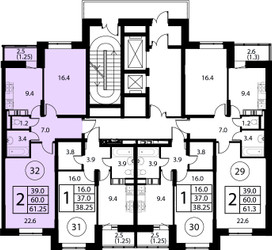Планировка двухкомнатной(квартира) площадью 61.2 квадратных метров в ЖК “ЖК Космос”