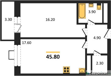 Планировка однокомнатной(квартира) площадью 45.8 квадратных метров в ЖК “ЖК Идеал”