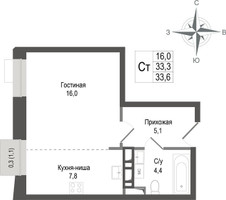 Планировка студии(квартира) площадью 33.3 квадратных метров в “ЖК КИНОКВАРТАЛ”