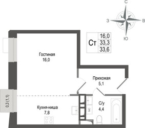 Планировка студии(квартира) площадью 33.3 квадратных метров в ЖК “ЖК КИНОКВАРТАЛ”