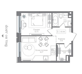 Планировка однокомнатной(квартира) площадью 42.44 квадратных метров в ЖК “ЖК Преображенская Площадь”