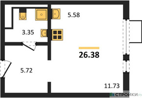 Планировка студии(квартира) площадью 26.38 квадратных метров в “ЖК Горки Парк”