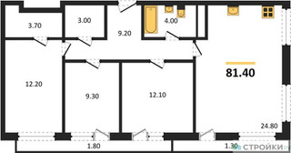 Планировка трехкомнатной(квартира) площадью 81.4 квадратных метров в “ЖК Южная Долина”