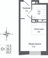 Планировка студии(квартира) площадью 22.2 квадратных метров в “ЖК КИНОКВАРТАЛ”