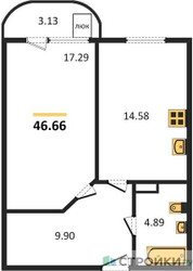 Планировка однокомнатной(квартира) площадью 46.66 квадратных метров в ЖК “ЖК Дом‐Мегалит в Королёве”