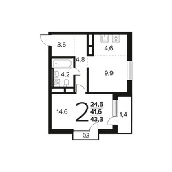 Планировка двухкомнатной(квартира) площадью 43.3 квадратных метров в ЖК “Новые Ватутинки. Заречный”