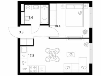 Планировка однокомнатной(квартира) площадью 34.8 квадратных метров в ЖК “ЖК Руставели 14”