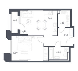 Планировка однокомнатной(апартаменты) площадью 50.26 квадратных метров в ЖК “ЖК Скай Спутник”
