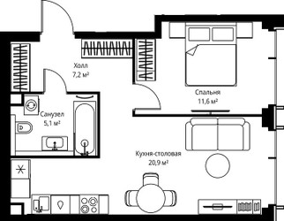 Планировка однокомнатной(квартира) площадью 44.8 квадратных метров в ЖК “ЖК Веер”