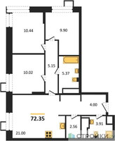 Планировка трехкомнатной(квартира) площадью 72.35 квадратных метров в “ЖК Апарт-отель Тропарево парк”