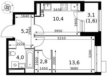 Планировка однокомнатной(квартира) площадью 37.6 квадратных метров в ЖК “ЖК 1-й Саларьевский (Первый Саларьевский)”