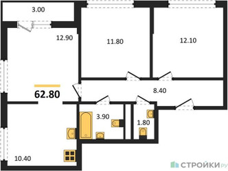 Планировка трехкомнатной(квартира) площадью 62.8 квадратных метров в ЖК “ЖК Родные кварталы”