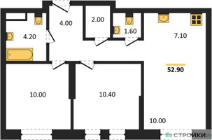 Планировка двухкомнатной(квартира) площадью 52.9 квадратных метров в “ЖК Квартал на воде (Графика на воде)”