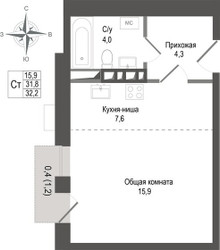 Планировка студии(квартира) площадью 31.8 квадратных метров в ЖК “ЖК КИНОКВАРТАЛ”