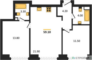 Планировка двухкомнатной(квартира) площадью 59.1 квадратных метров в “ЖК Вейв”