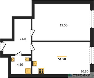 Планировка однокомнатной(квартира) площадью 51.5 квадратных метров в ЖК “ЖК Крылатская 33”